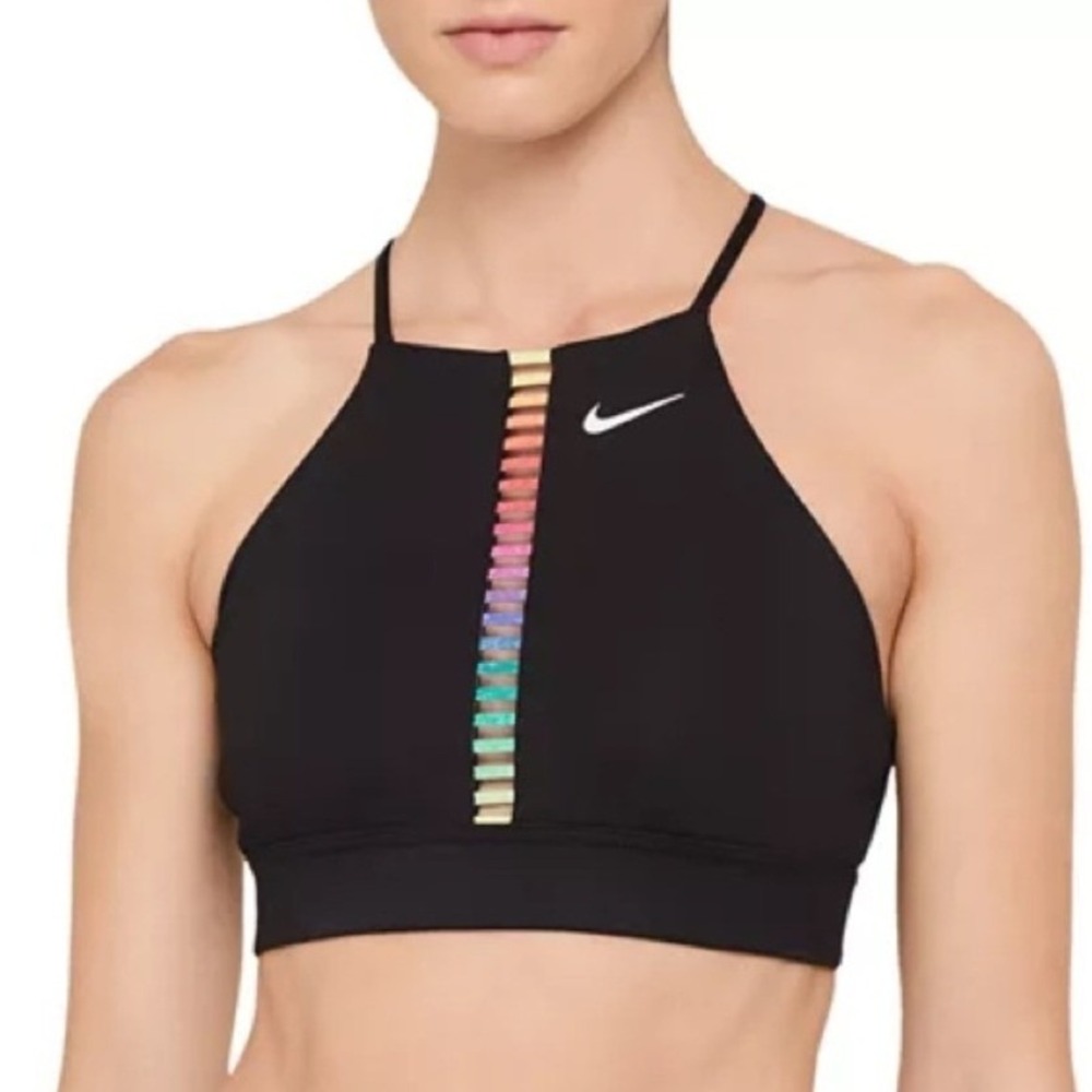 Nike Womens High Neck Sports Bra Black Rainbow Ladder Strappy Back XS‎